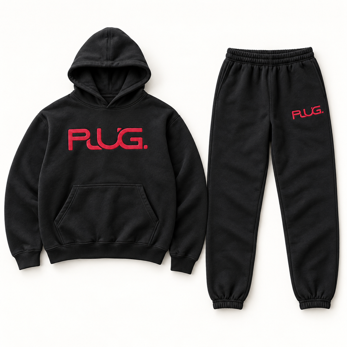PLUG hoodie and sweatpants set: Black / Red (fabric / embroidered logo)
