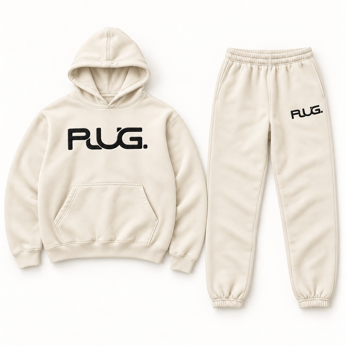 PLUG hoodie and sweatpants set: Cream / Black (fabric / embroidered logo)