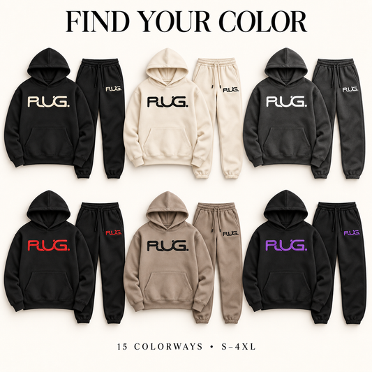 PLUG sweatsuit collection showing six of 15 available colorways, sizes S through 4XL. Each set sold separately.