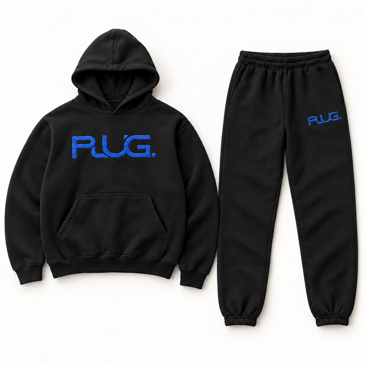 PLUG hoodie and sweatpants set: Black / Blue (fabric / embroidered logo)