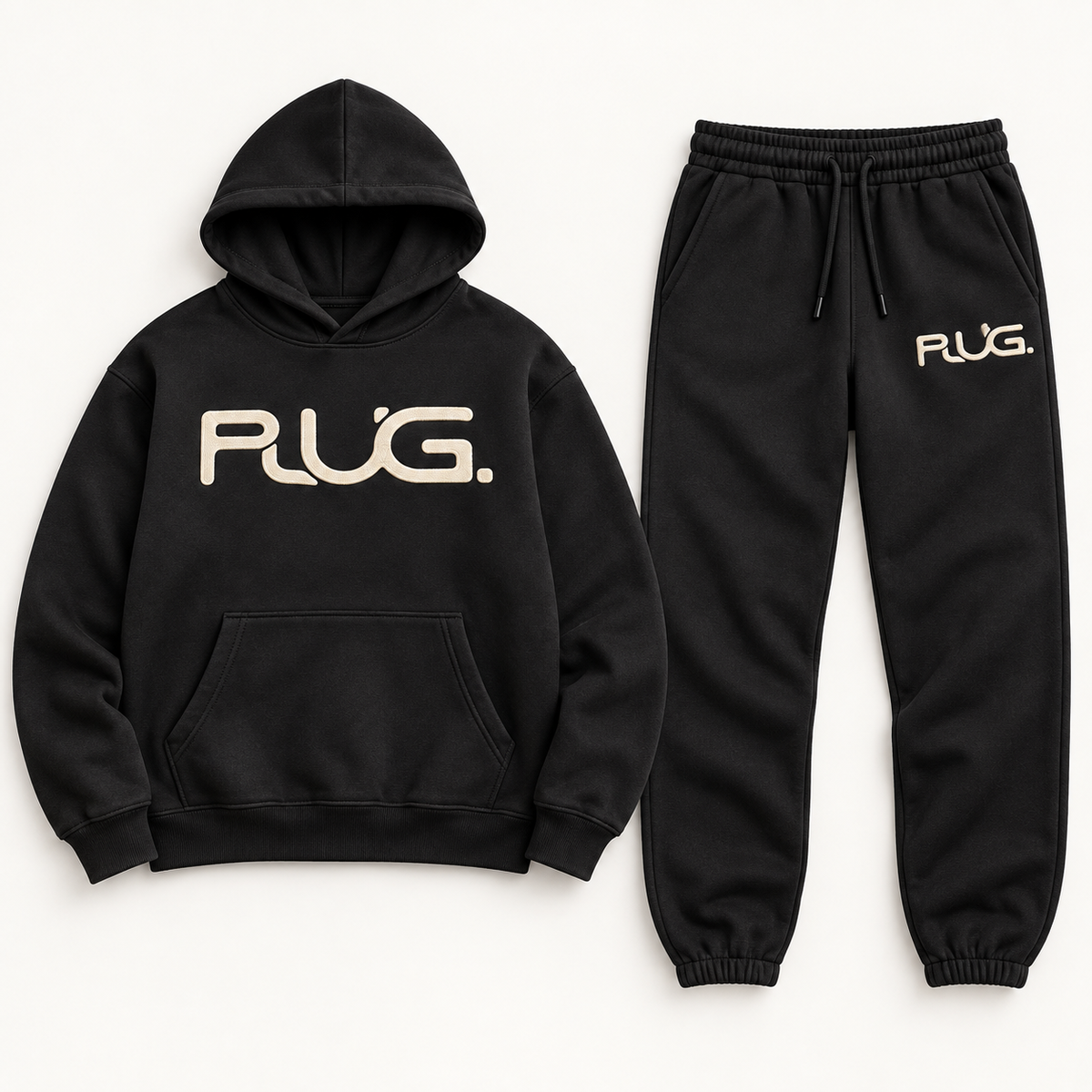 PLUG hoodie and sweatpants set: Black / Cream (fabric / embroidered logo)
