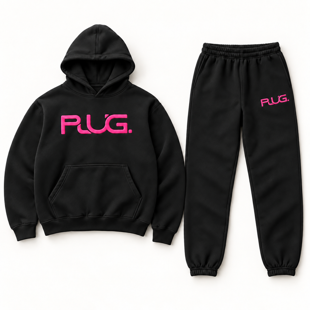 PLUG hoodie and sweatpants set: Black / Pink (fabric / embroidered logo)