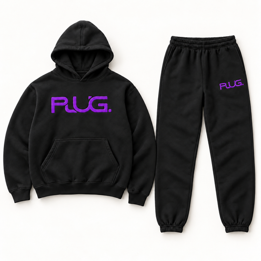PLUG hoodie and sweatpants set: Black / Purple (fabric / embroidered logo)