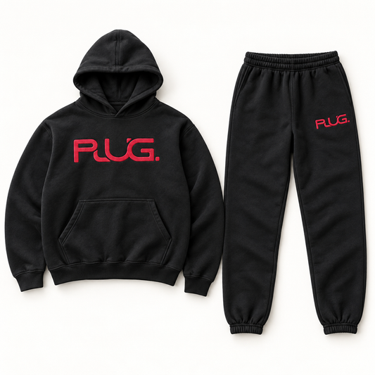 PLUG hoodie and sweatpants set: Black / Red (fabric / embroidered logo)