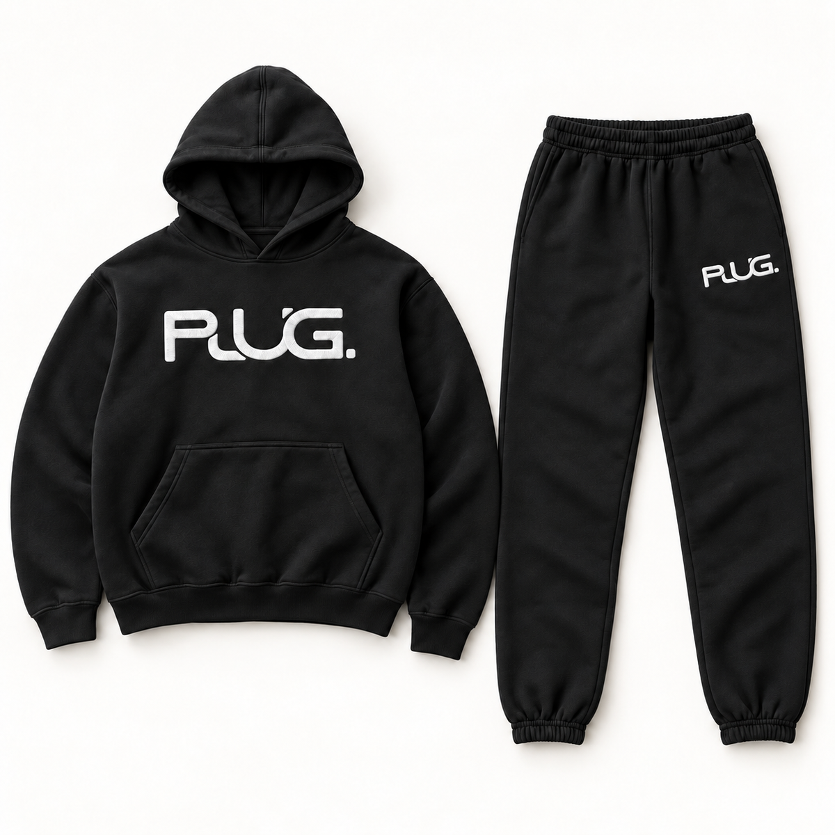 PLUG hoodie and sweatpants set: Black / White (fabric / embroidered logo)