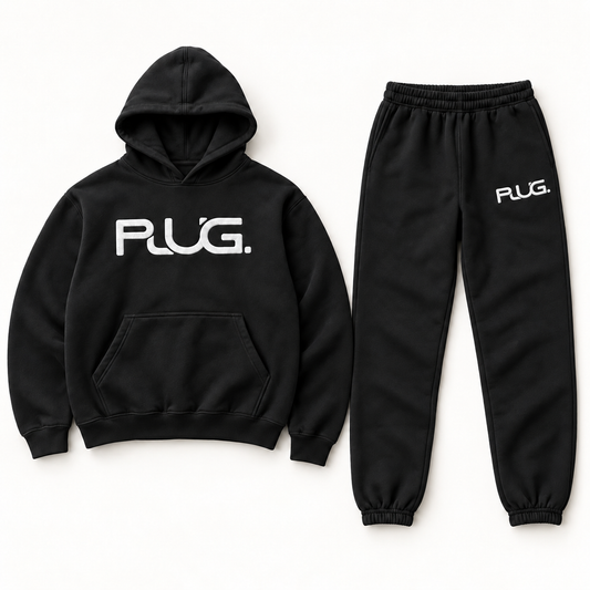 PLUG hoodie and sweatpants set: Black / White (fabric / embroidered logo)