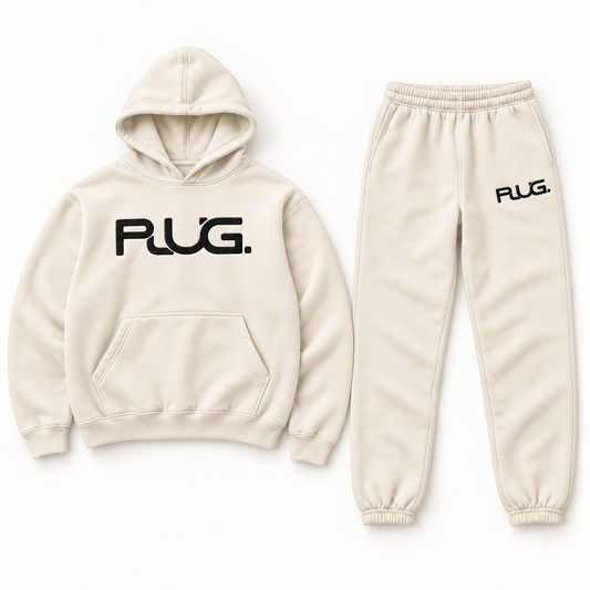 PLUG hoodie and sweatpants set: Cream / Black (fabric / embroidered logo)