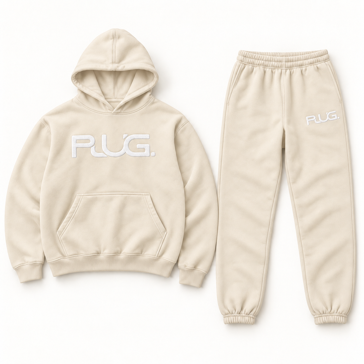 PLUG hoodie and sweatpants set: Cream / White (fabric / embroidered logo)