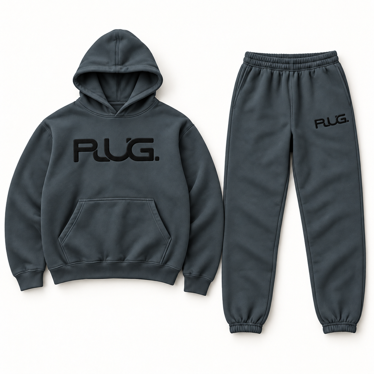 PLUG hoodie and sweatpants set: Dark Gray / Black (fabric / embroidered logo)