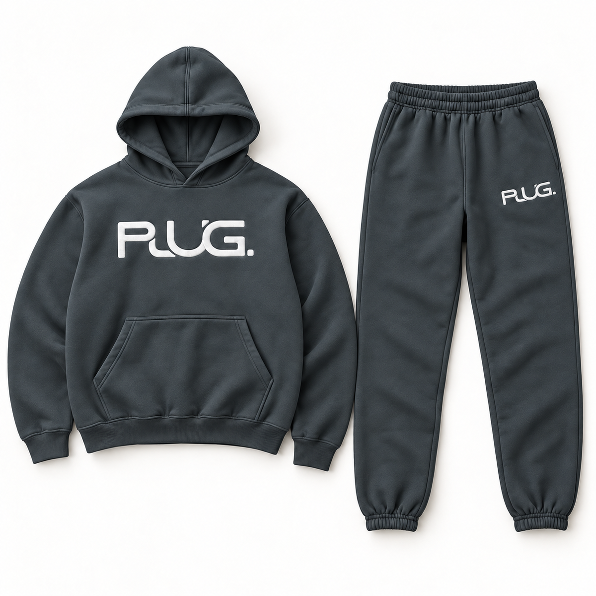 PLUG hoodie and sweatpants set: Dark Gray / White (fabric / embroidered logo)