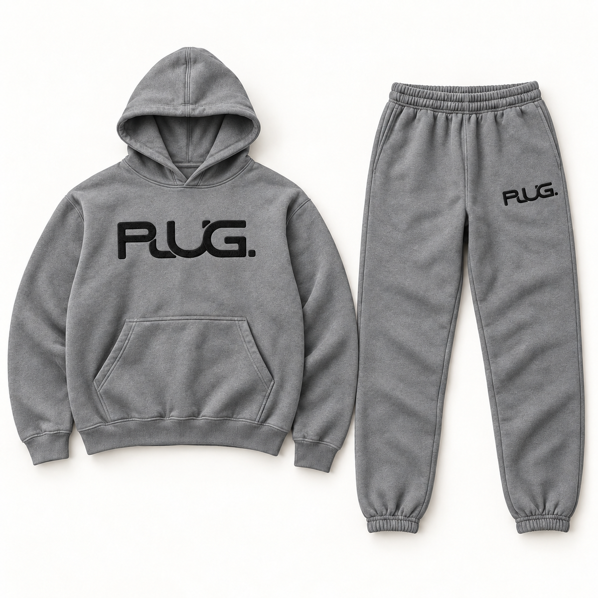 PLUG hoodie and sweatpants set: Gray / Black (fabric / embroidered logo)