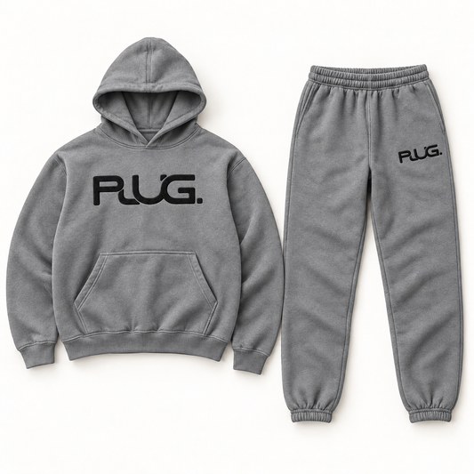 PLUG hoodie and sweatpants set: Gray / Black (fabric / embroidered logo)