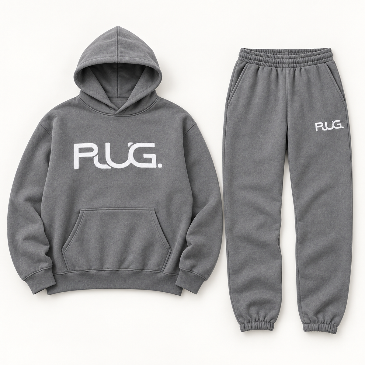 PLUG hoodie and sweatpants set: Gray / White (fabric / embroidered logo)