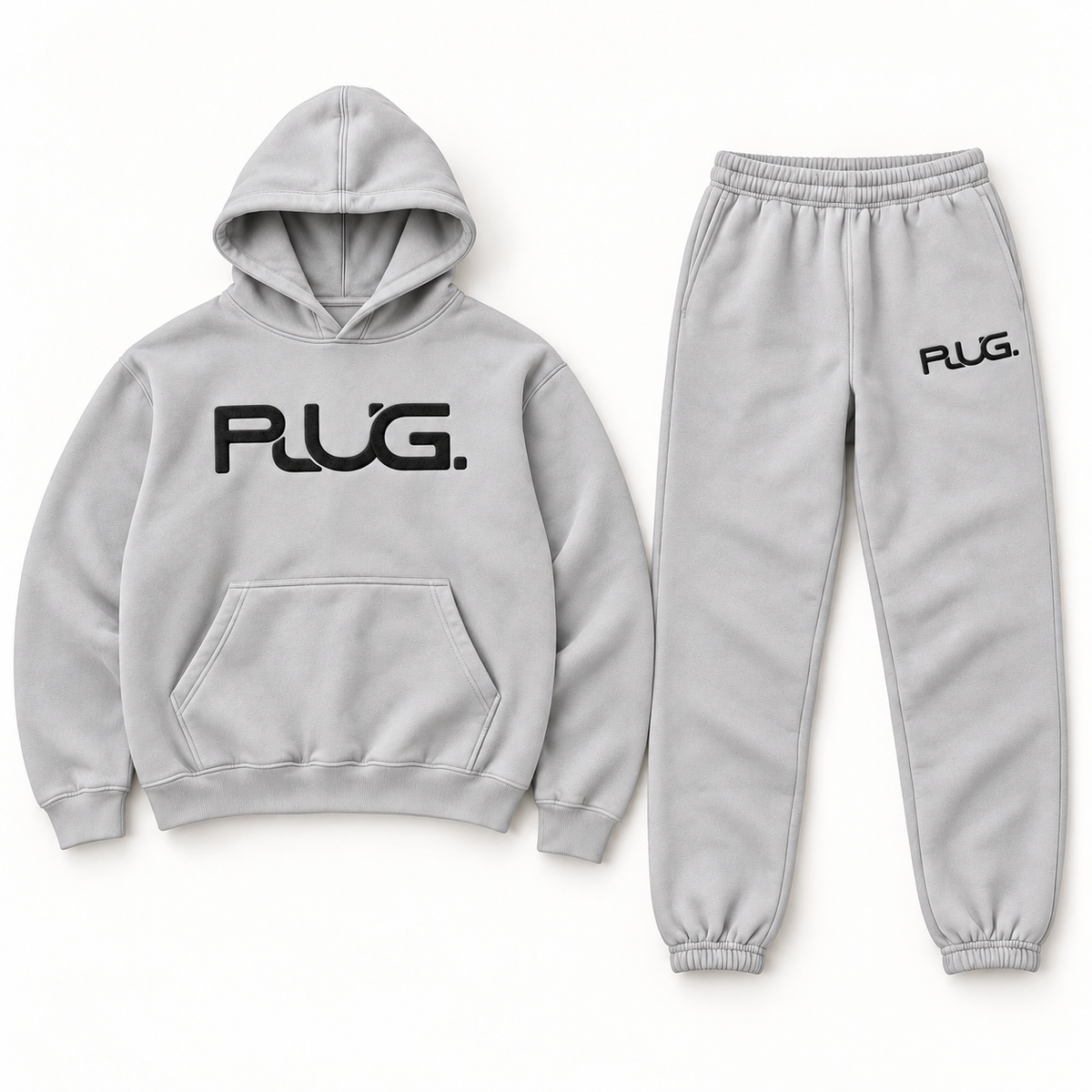 PLUG hoodie and sweatpants set: Off Gray / Black (fabric / embroidered logo)