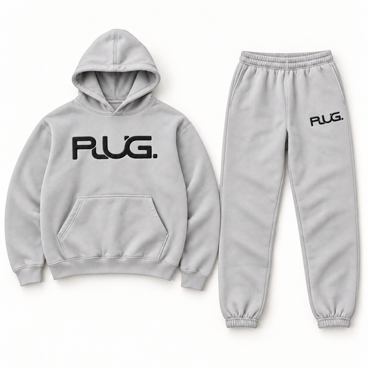 PLUG hoodie and sweatpants set: Off Gray / Black (fabric / embroidered logo)