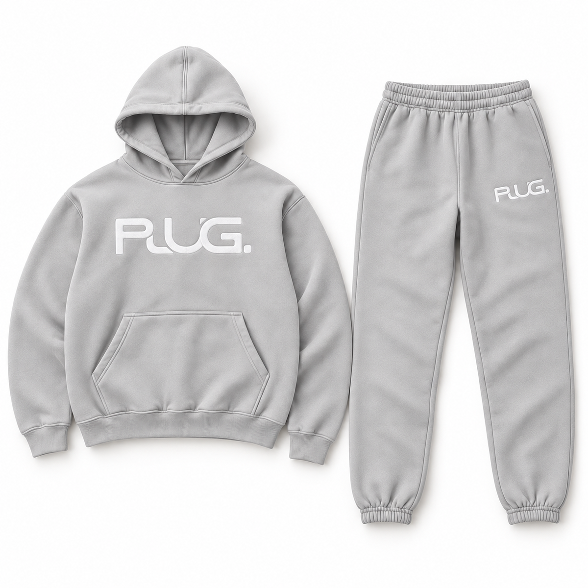 PLUG hoodie and sweatpants set: Off Gray / White (fabric / embroidered logo)