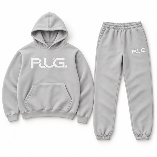 PLUG hoodie and sweatpants set: Off Gray / White (fabric / embroidered logo)