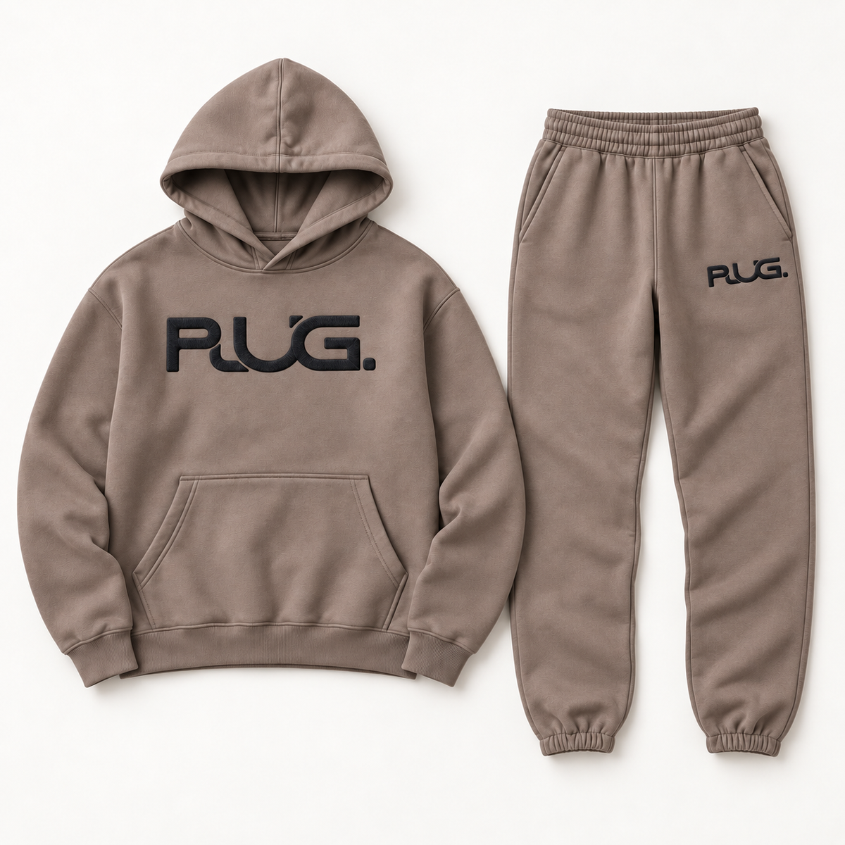 PLUG hoodie and sweatpants set: Taupe / Black (fabric / embroidered logo)